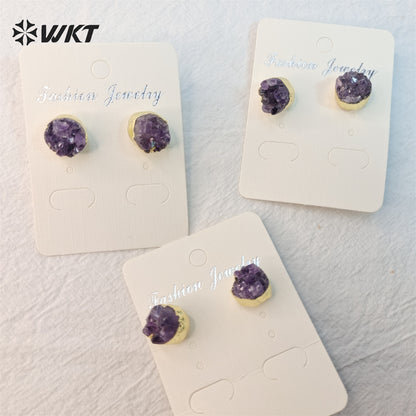 WT-E074 NEW Tiny Round Druzy Earrings Druzy Stud Earrings, Gold Plated Drusy Earrings, Amethyst Druzy Stud Earrings