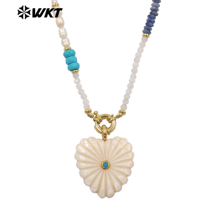 WT-JN404 Popular Fashion Style Natural Gemstone Beads Chain With White Shell Heart Pendants Necklaces For Girls Wearing