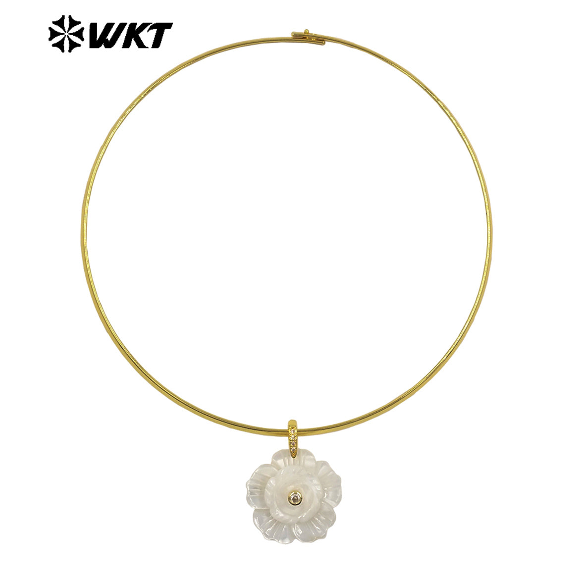 WT-JN382 Popular Design Gold Plated Natural Shell Zircon Flower Shape Pendant Chockers Necklace For Women Party Jewelry
