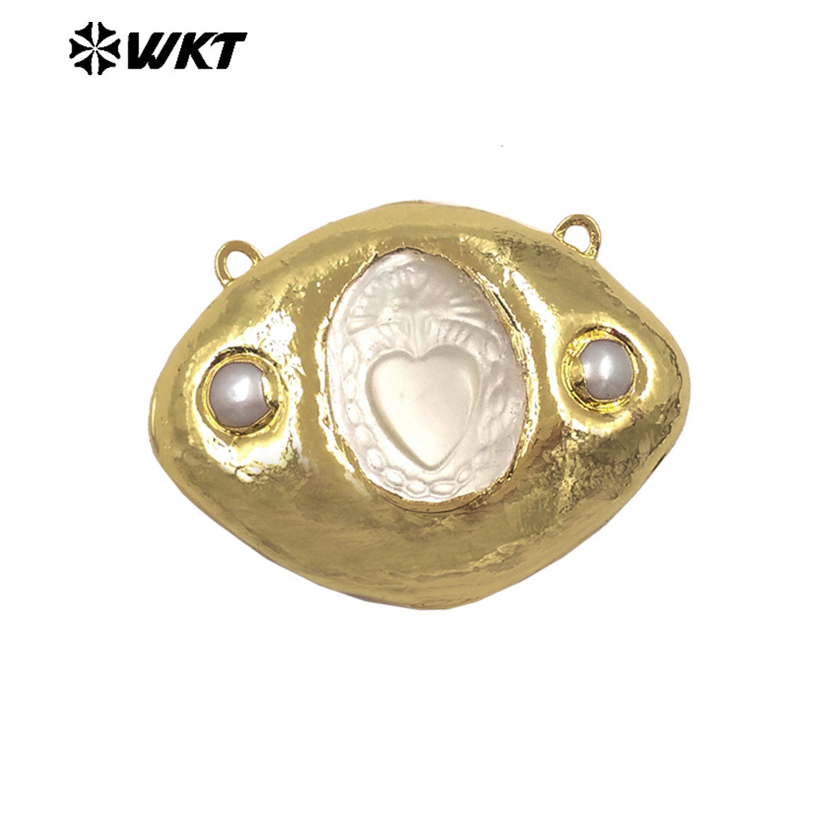 WT-PC020 Newest Gold Electroplated Mother Of Pearl Religious Patterns Charms Connector With Double Hoops For Necklace Handmade
