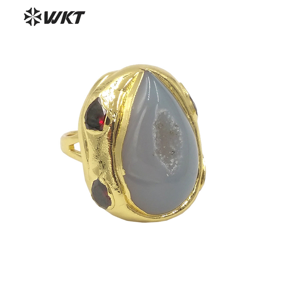 WT-R500 Gorgeous 18K Gold Plated Natural Druzy Geode Agate Teardrop Fashion Designer Unique Grey Stone Jewelry Ring