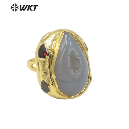 WT-R500 Gorgeous 18K Gold Plated Natural Druzy Geode Agate Teardrop Fashion Designer Unique Grey Stone Jewelry Ring