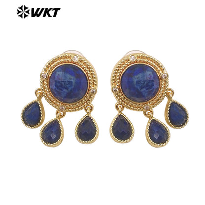 ME120 Wonderful Design Natural Gemstones Earrings With Zircon 18K Gold Plated Three Little Waterdrop Shape Stones Cute Jewelry