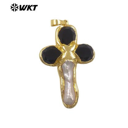 WT-JP382 Classic Cross Shape With Colored Natural Stone Pearl and 18k Gold Plated Pendant for Necklace Accessory