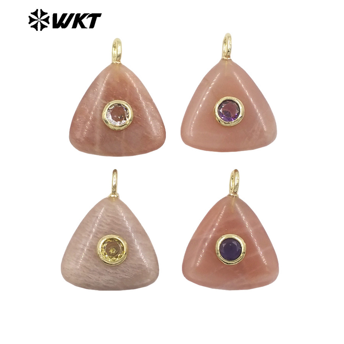WT-P2021 High Quality Lovely Triangle Rose Quartz Natural Gemstones And Zircon Pendants For Necklace Decoration Charms