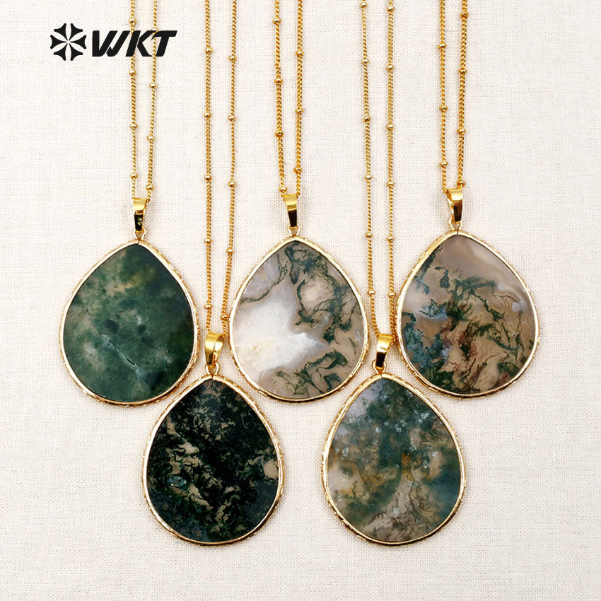 WT-N1102 Wholesale Latest Necklace Designs Moss Agate Pendant Necklace Gold Plated Natural Oval Shape Jasper Agate Necklace