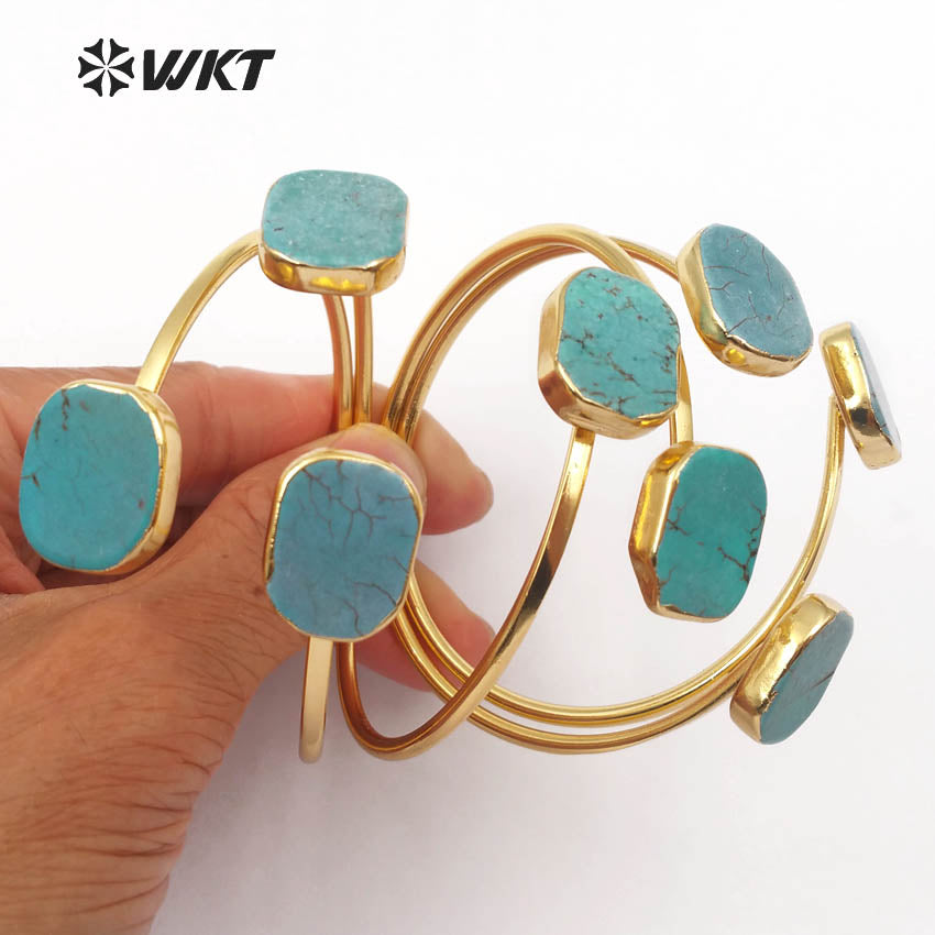WT-B097 Newest!! Raw Stone Bracelet Bangles in 24k Real Gold Plated, Bohemian Turquoise Stone Bracelet Jewelry