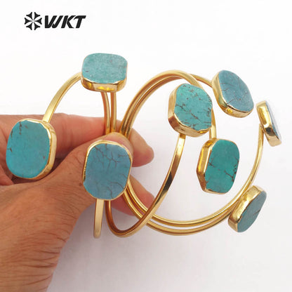 WT-B097 Newest!! Raw Stone Bracelet Bangles in 24k Real Gold Plated, Bohemian Turquoise Stone Bracelet Jewelry