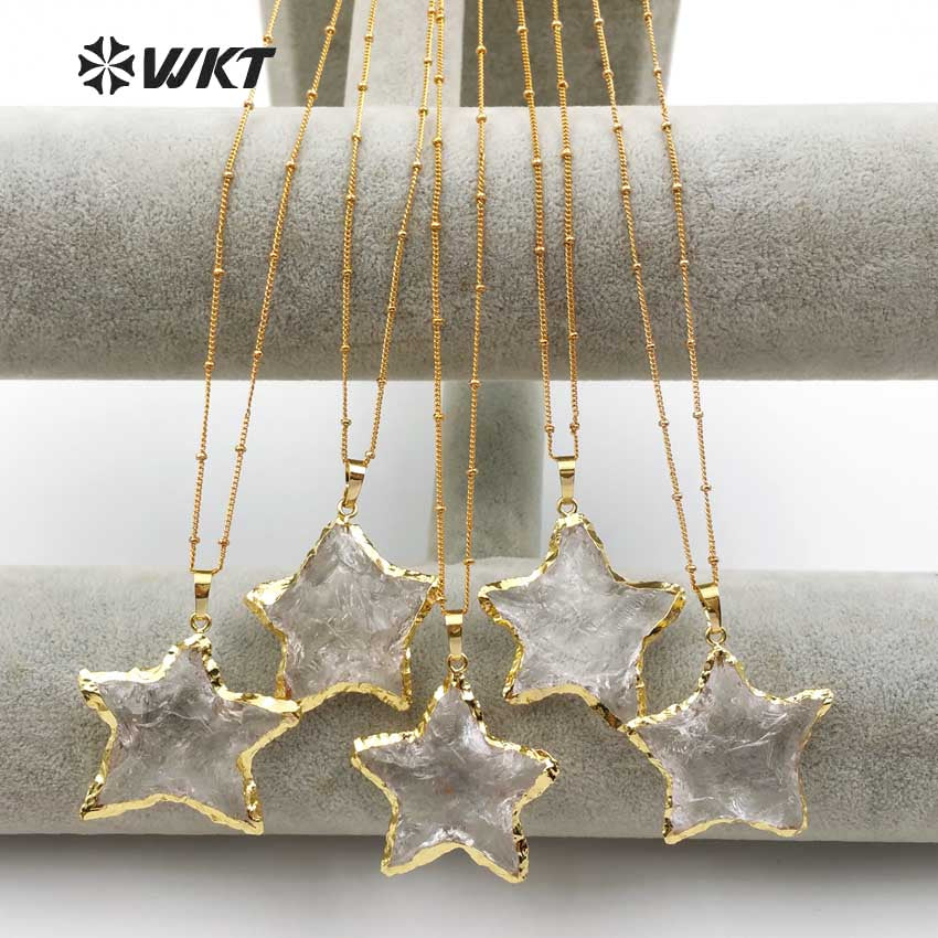 WT-N1119 Wholesale Natural Raw Crystal Quartz Stone Necklace, Handmade Hammer Gold Plated Star Shape Crystal Quartz Necklace