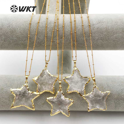 WT-N1119 Wholesale Natural Raw Crystal Quartz Stone Necklace, Handmade Hammer Gold Plated Star Shape Crystal Quartz Necklace