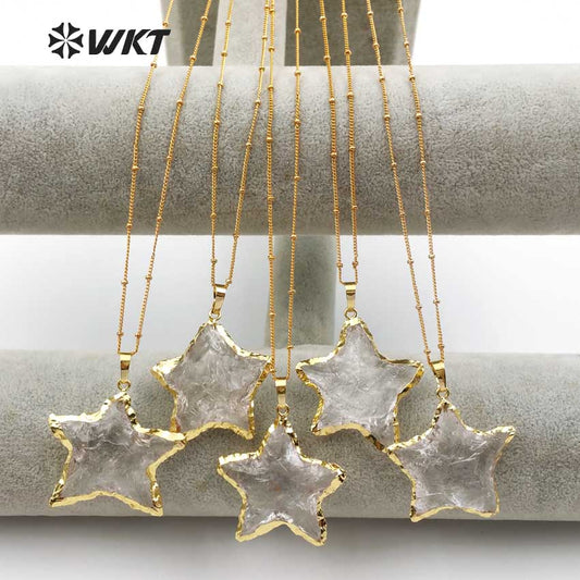WT-N1119 Wholesale Natural Raw Crystal Quartz Stone Necklace, Handmade Hammer Gold Plated Star Shape Crystal Quartz Necklace