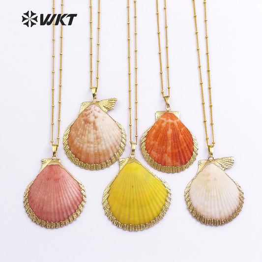 WT-N284 HOT Natural Scallop Shell Jewelry Necklace With 18" Brass Chain in 24k Gold Plated
