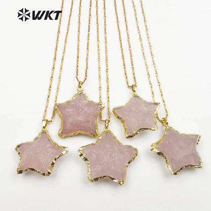 WT-N1122 Fashionable Gold Plated Raw Stone Star Shape Necklace, Bohemian Hammer Rose Quartz Star Necklace