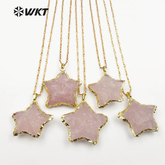 WT-N1122 Fashionable Gold Plated Raw Stone Star Shape Necklace, Bohemian Hammer Rose Quartz Star Necklace