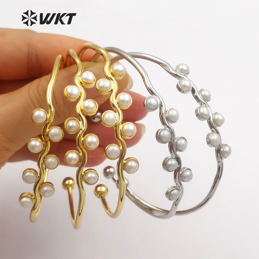 WT-B387 WKT Wholesale Fashion New Simple 24k Real Gold Plated Freshwater Pearl Charm Adjustable Cuff Bangle