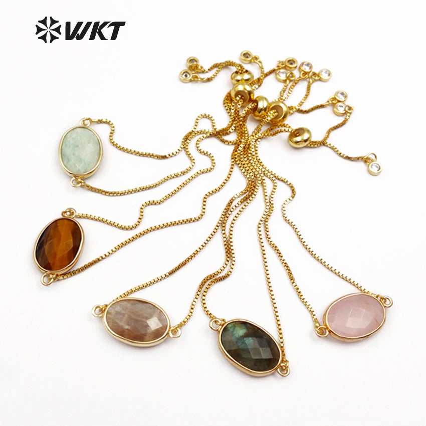WT-B420 Women Fashion Gold Bezel Natural Gemstone Bracelet, Adjustable Brass Chain Bracelet with Stone