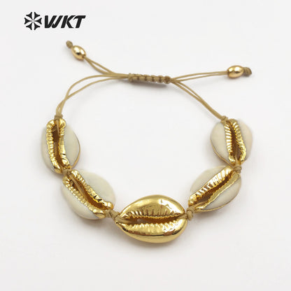 WT-B433 Wholesale One Full Metallic Shell in Boho Style Sea Side Jewelry White Cowrie Shell Bracelet for Women Gift