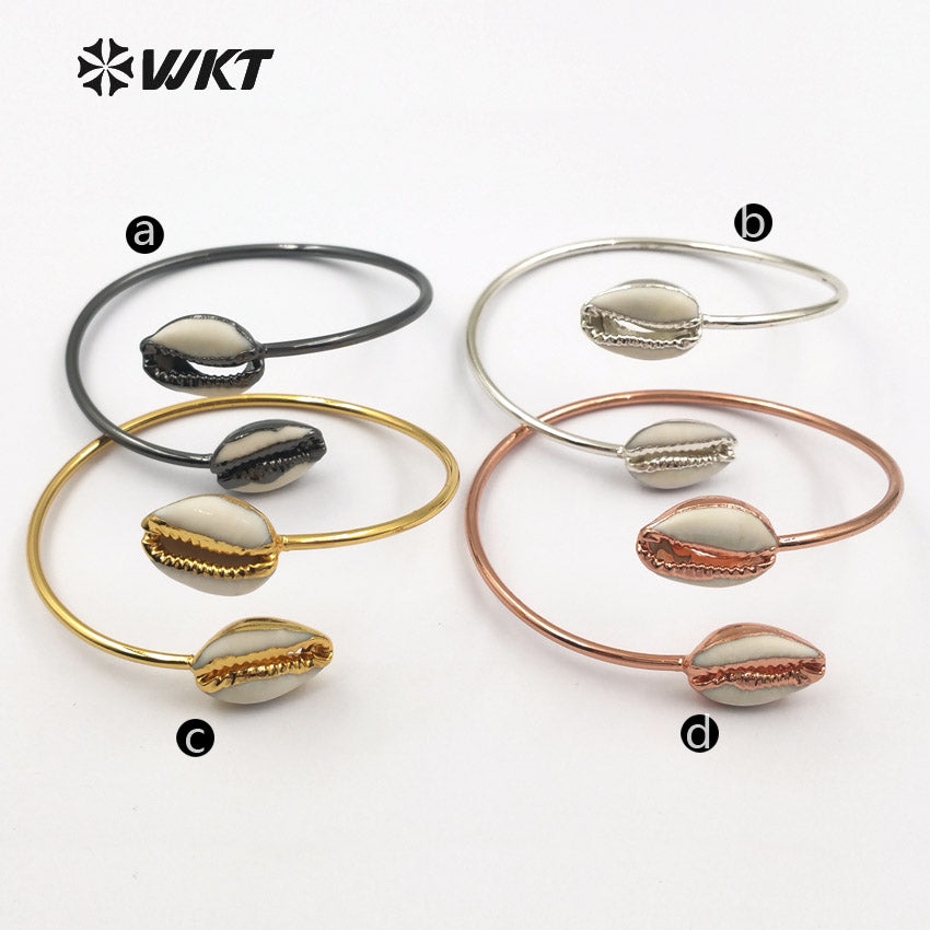 WT-B406 Wholesale Fashion Design Tiny Cowrie 24k Gold Electroplated Adjustable Raw Cowrie Bracelet Bangle Shell Bangles