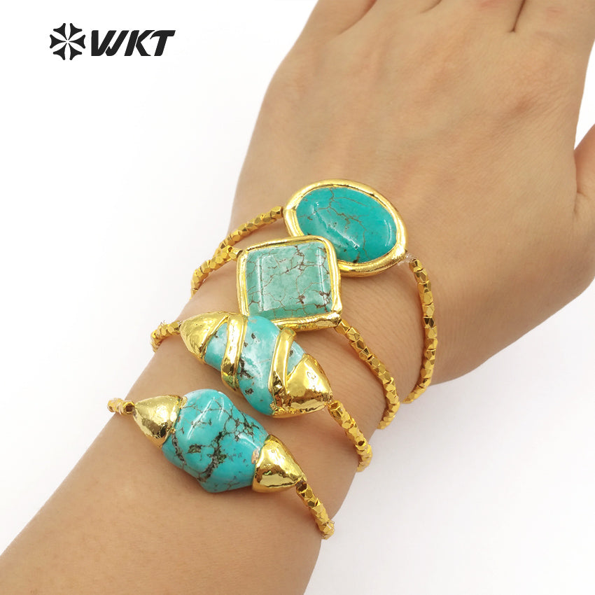 WT-B417 Wholesale Women Fashionable Handmade Turquoise Beads Bracelet, Gold Plated Flexible Green Turquoise Bracelet