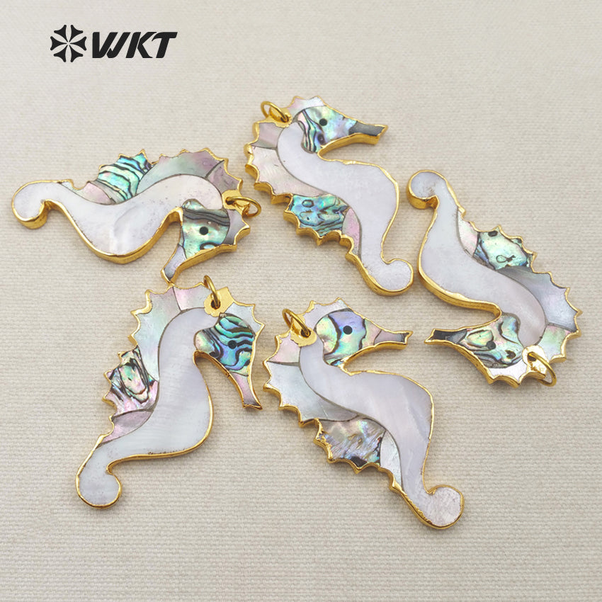 WT-P1251 WKT Wholesale New Fashion Real Gold Plated Jewelry Sea Horse Shape Natural White Shell Pendant