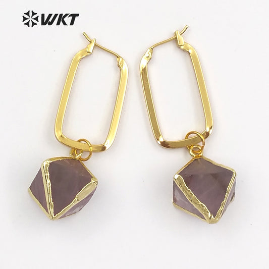 WT-E450 Heal Stone Dice Shape Rainbow Fluorite With Gold Dipped Rectangle Metal Hoop Inlay Earring Women Dainty Jewelry Earring