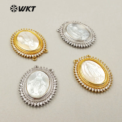 JF253 WKT Wholesale New Fashion Natural Shell Jewelry Oval Shape Holy Micro Pave Pendant Religious Mary Pendant