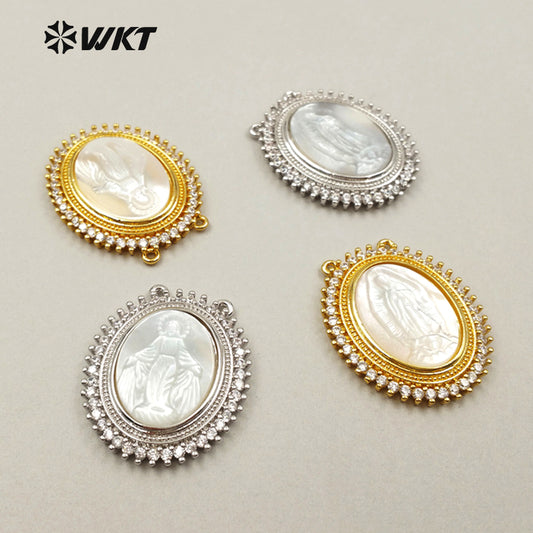 JF253 WKT Wholesale New Fashion Natural Shell Jewelry Oval Shape Holy Micro Pave Pendant Religious Mary Pendant