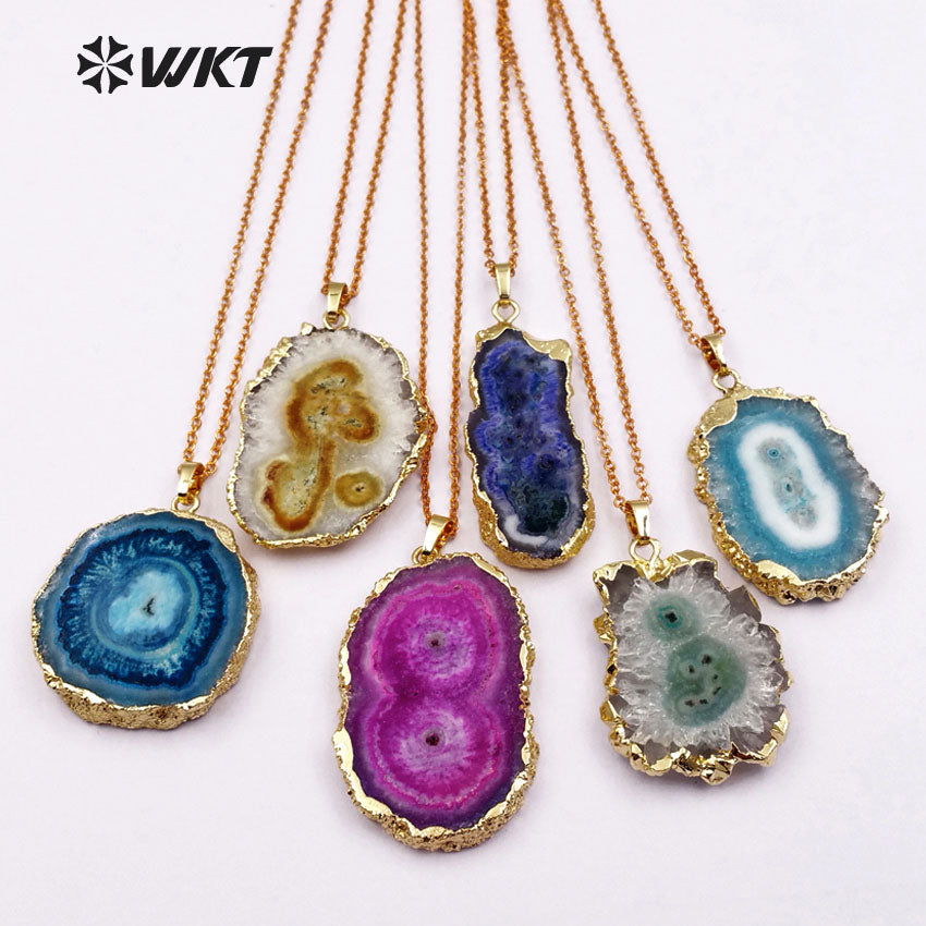 WT-N1107 Wholesale Fashion Natural Stone Necklace Random Shape Stone Pendant with 18 Inch Long Chain Multi Color Optional