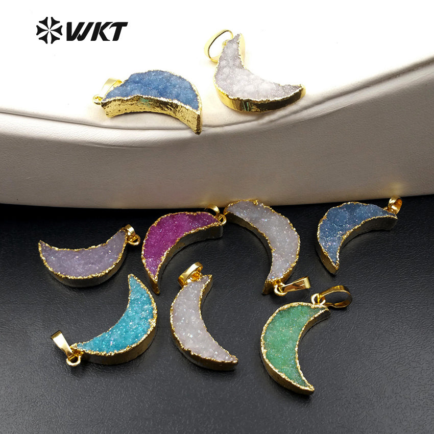 WT-P1237 WKT New Fashion Jewelry for Women Jewelry Decoration Crescent Shape Druzy Quartz Pendant
