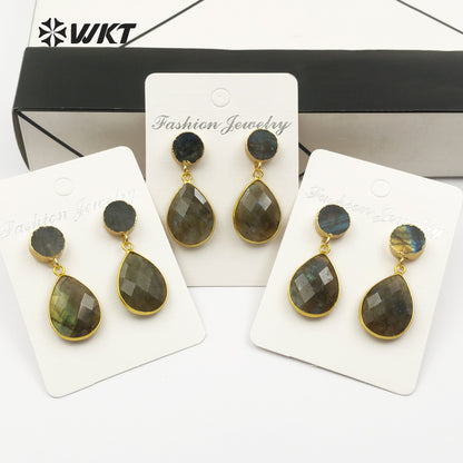 WT-E441 Wholesale New Arrived Stone Earrings for Girl with 24k Gold Plated Gemstone Teardrop Earrings
