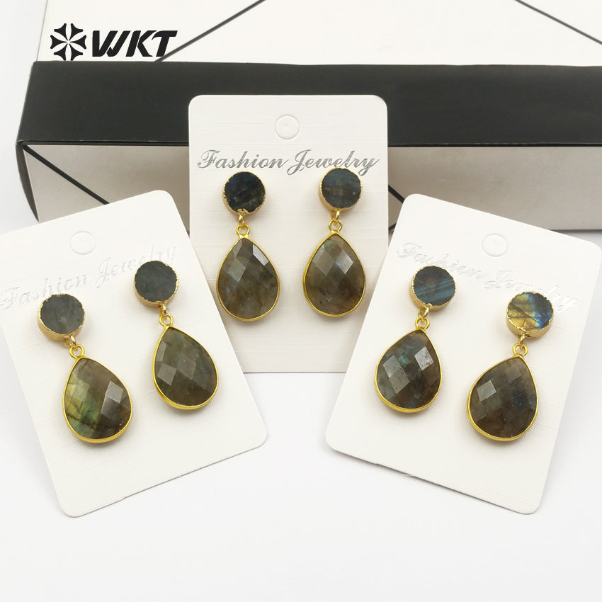 WT-E441 Wholesale New Arrived Stone Earrings for Girl with 24k Gold Plated Gemstone Teardrop Earrings