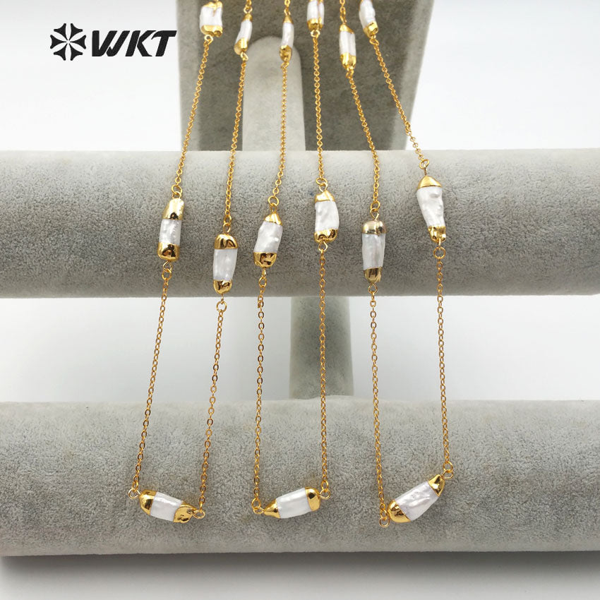 WT-N1120 Elegant Natural Freshwater Pearl Necklace, Women Fashion Handmade Gold Plated Chain Pearl Necklace
