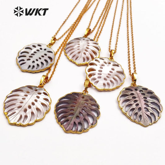 WT-JN027Hot Sale Leaf Shape Pendant Hollow Mesh Necklace Good Quality Stone with Gold Color Plated Pendant