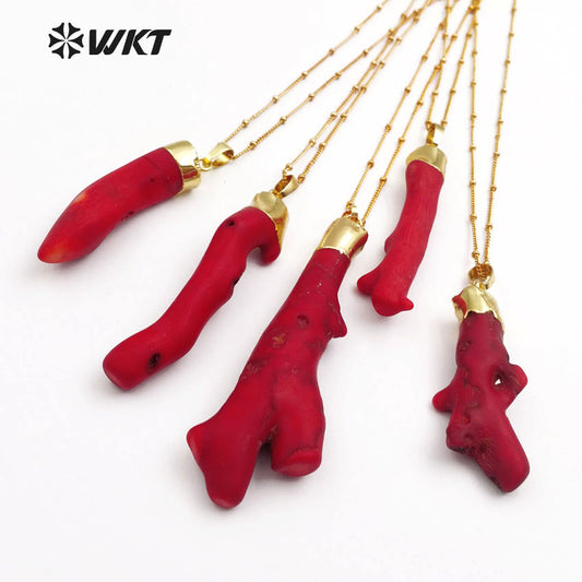 WT-N1121 18 Inch Long Stallite Beads Chain Red Coral Necklace, 18k Real Gold Plated Randomly Shape Red Coral Necklace