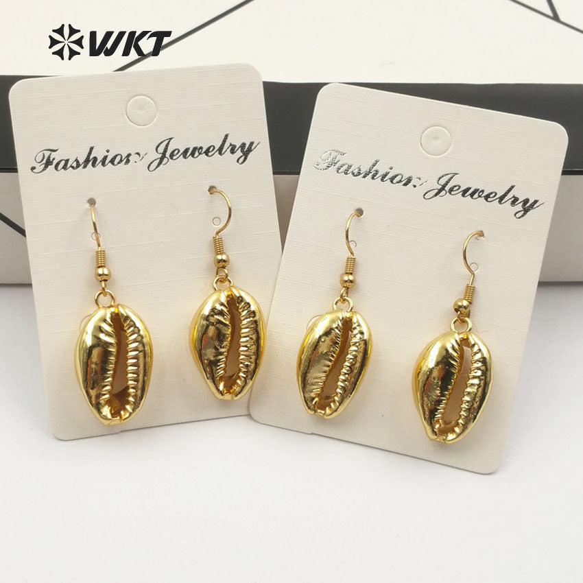 WT-E164 Wholesale Natural White Cowry Shell With Full Gold Dipped Earrings, Hotsale Gold Shell Cowry Earrings