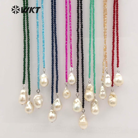 WT-N1115 Long Beads Necklaces Multi-color Beads Crystal Smooth Necklaces with White Pearl Necklaces for Women