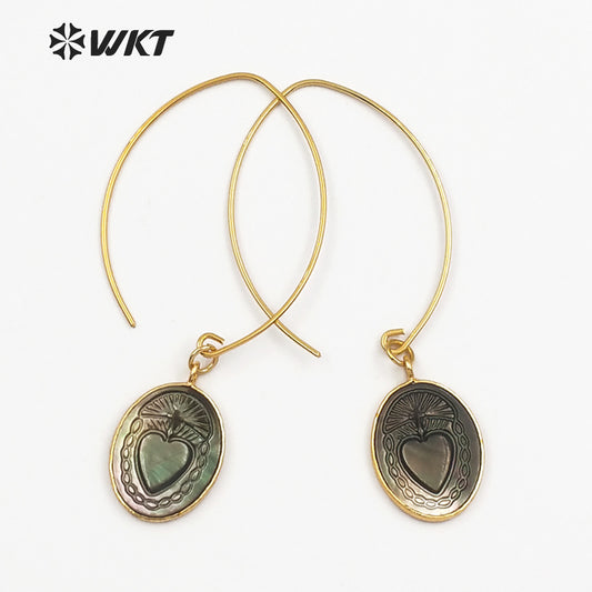 WT-E455 Metal Earwire With Gold Bezel Natural Sea Shell Briolette Earring Mysterious Pattern Women Bohemia Dangle Earring
