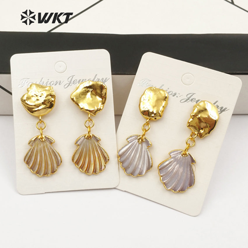 WT-E454 Full Gold Dipped Freshwater Pearl With Gold Bezel Bohemia Style for Women Beach Tiny Scallop Shell Jewelry Earring