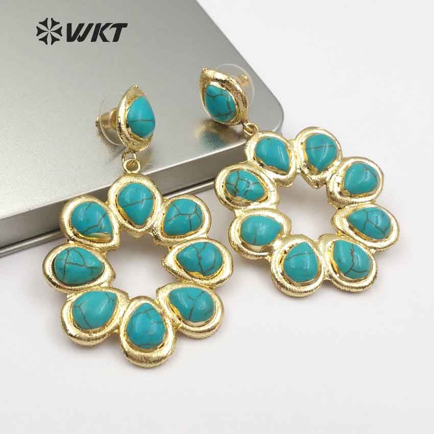WT-E468 Wholesale Romantic Natural Stone Top Fashion Lady Elegant Jewelry Flower Shape Agate and Turquoise Drop Earrings
