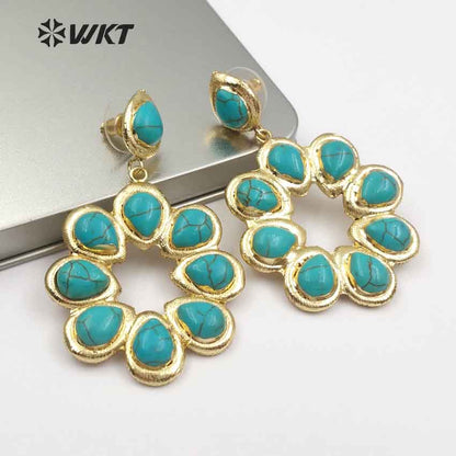 WT-E468 Wholesale Romantic Natural Stone Top Fashion Lady Elegant Jewelry Flower Shape Agate and Turquoise Drop Earrings
