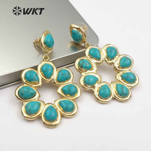 WT-E468 Wholesale Romantic Natural Stone Top Fashion Lady Elegant Jewelry Flower Shape Agate and Turquoise Drop Earrings