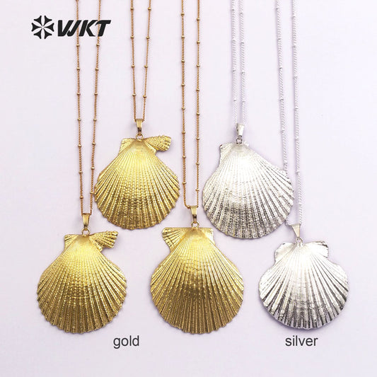 WT-JN015 Newest Hot 24k Real Full Gold Dipped Scallop Shell Necklace, Lovely Natural Gold Scallop Shell Necklace