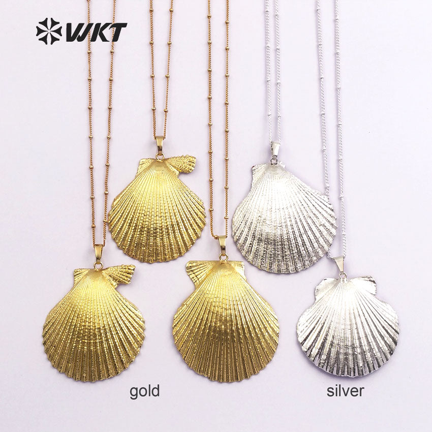 WT-JN015 Newest Hot 24k Real Full Gold Dipped Scallop Shell Necklace, Lovely Natural Gold Scallop Shell Necklace