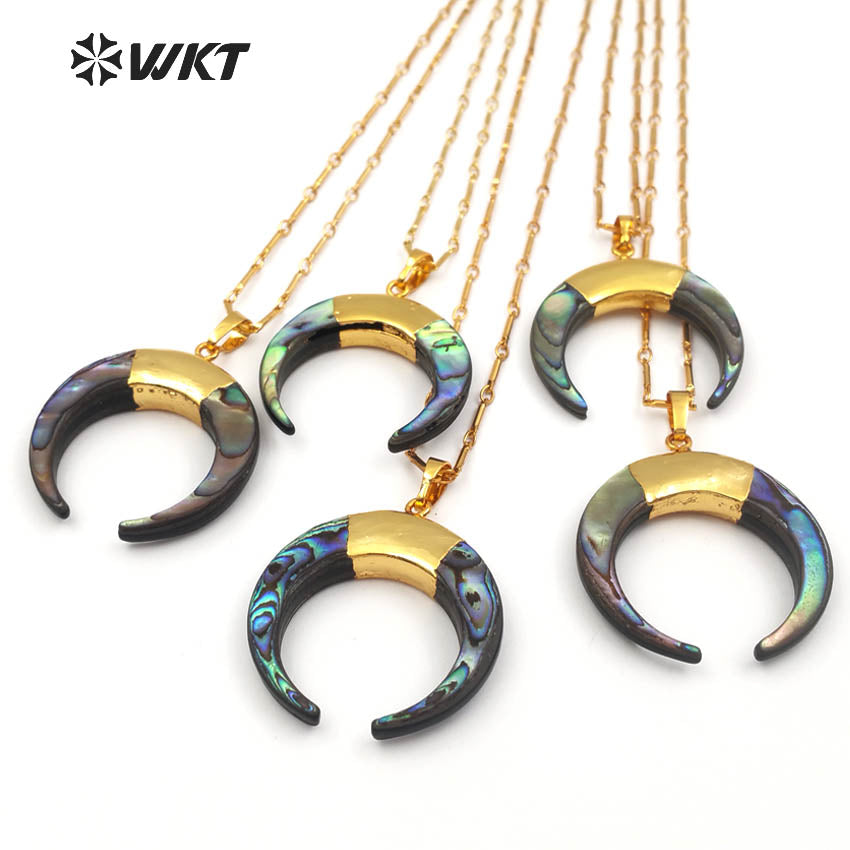 WT-N998 Wholesale High Quality Special Design Necklace 18 Inch Natural Abalone Shell Crescent Shape 24K Gold Plated Jewelry