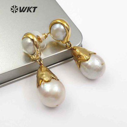 WT-E470 New Arrival Beautiful Special Design Classic with Full Gold for Women Jewelry Water Drop Natural Baroque Pearl Earring