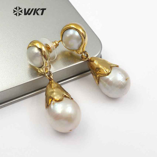WT-E470 New Arrival Beautiful Special Design Classic with Full Gold for Women Jewelry Water Drop Natural Baroque Pearl Earring