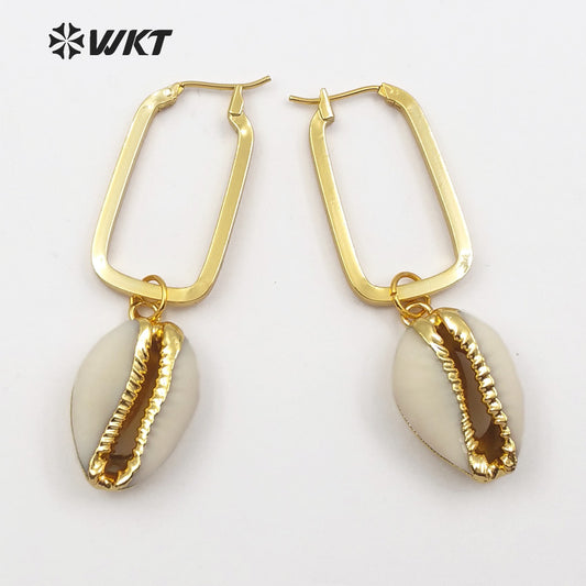 WT-E449 Natural Raw Cowrie With Gold Trim Mosaic Rectangle Metal Hoop Charm Earring Women Bohemia Style Dangle Earring