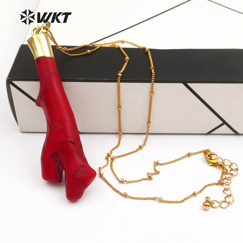 WT-N1121 18 Inch Long Stallite Beads Chain Red Coral Necklace, 18k Real Gold Plated Randomly Shape Red Coral Necklace