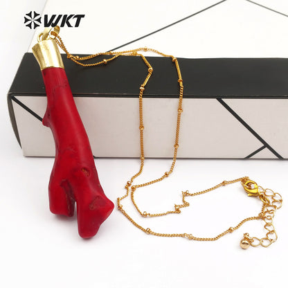 WT-N1121 18 Inch Long Stallite Beads Chain Red Coral Necklace, 18k Real Gold Plated Randomly Shape Red Coral Necklace