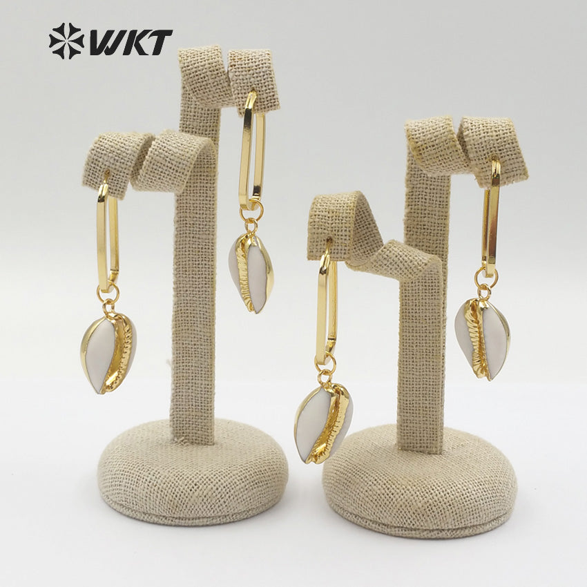 WT-E449 Natural Raw Cowrie With Gold Trim Mosaic Rectangle Metal Hoop Charm Earring Women Bohemia Style Dangle Earring